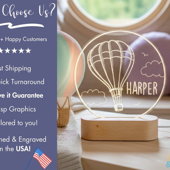 Personalized Hot Air Balloon Night Light – Custom LED Lamp for Kids - Picture 4 of 8